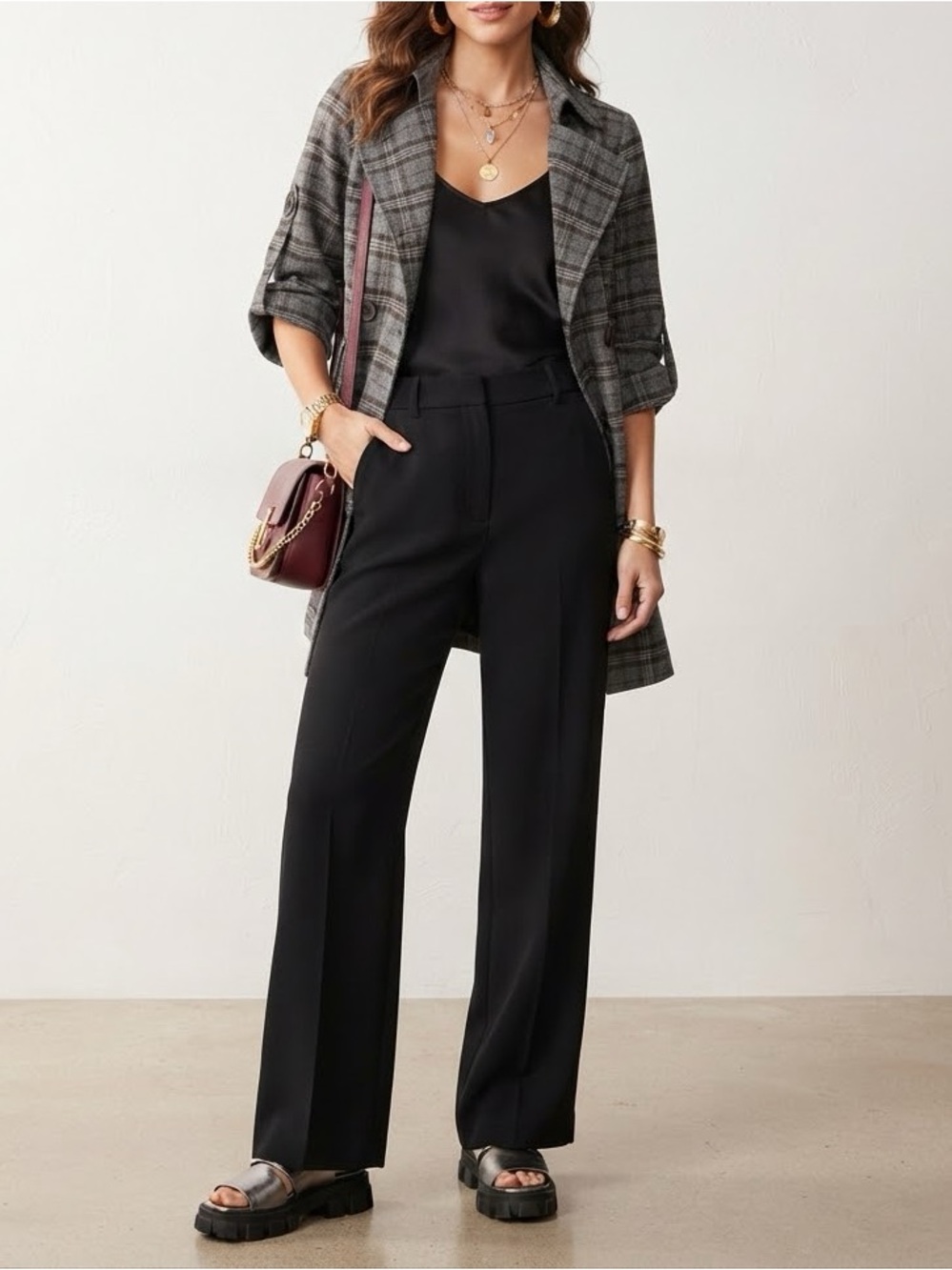 hazel Gray Plaid Short-Sleeve Double-Breasted Trench Coat